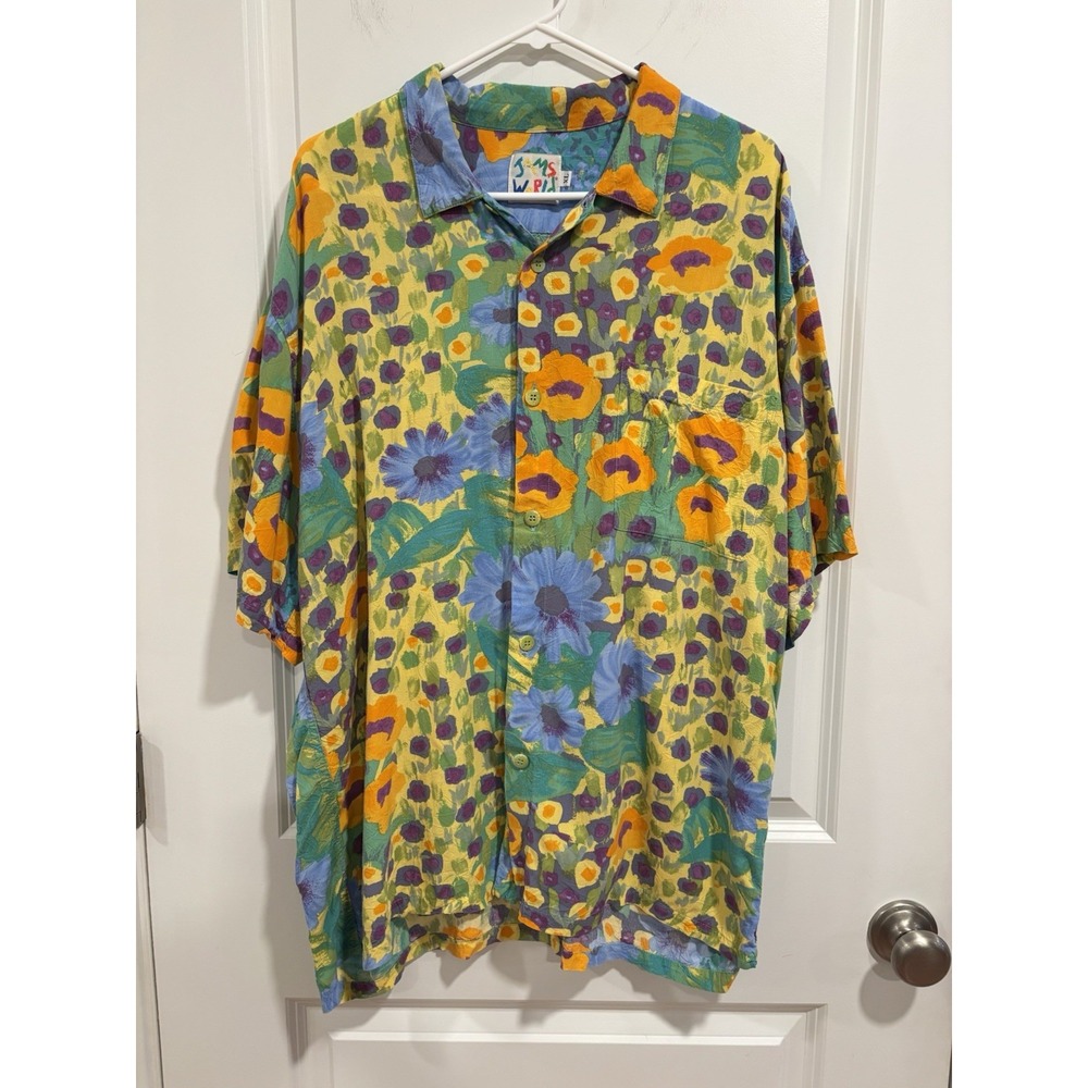 90s Jams World "Kaleidoscope" Rayon Hawaiian Shirt XL Floral Colorful Watercolor